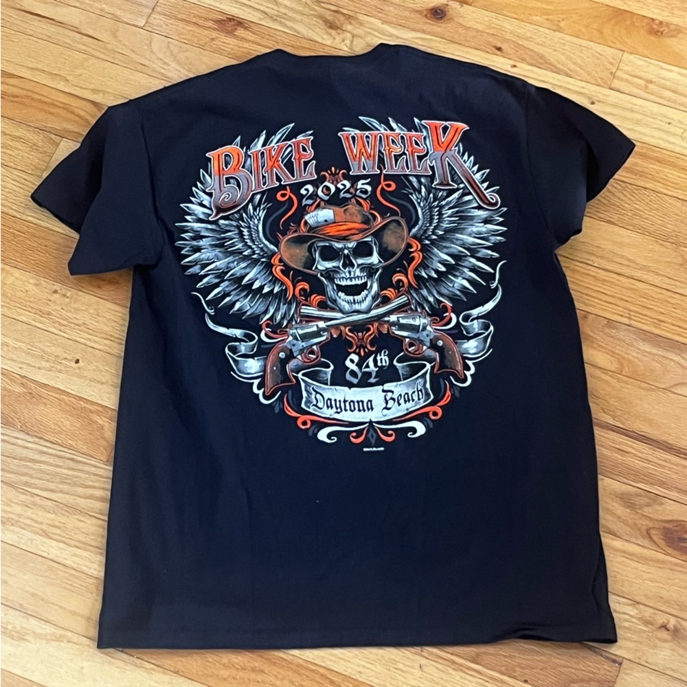 Gildan Black Bike Week Daytona Beach Skull Graphic Tee with Orange Accents - Picture 4 of 9